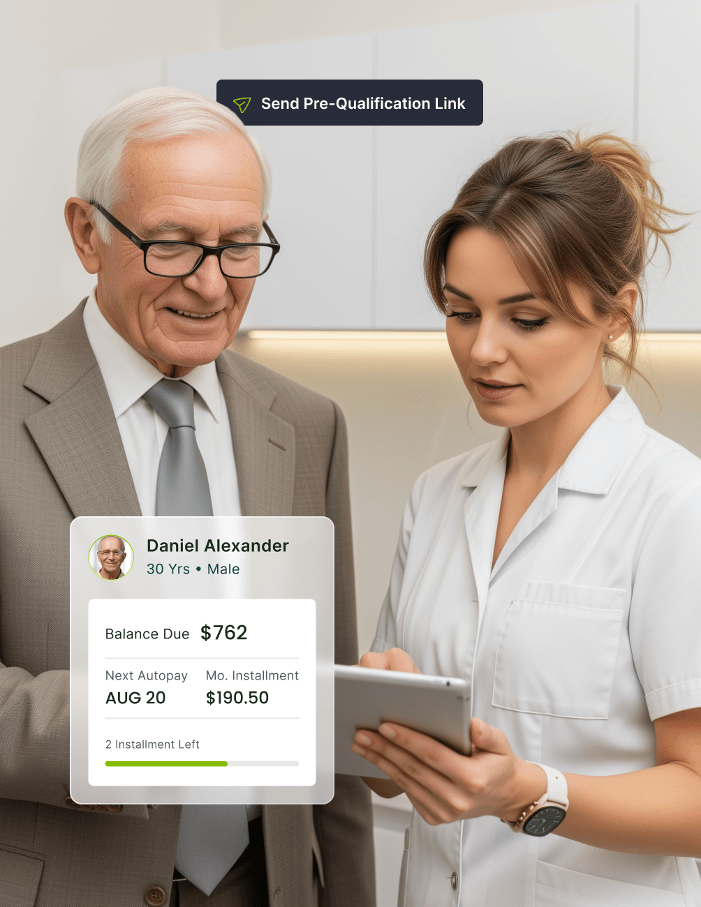 A dental professional shows a tablet to an older man in a suit, displaying financial details and a pre-qualification link.