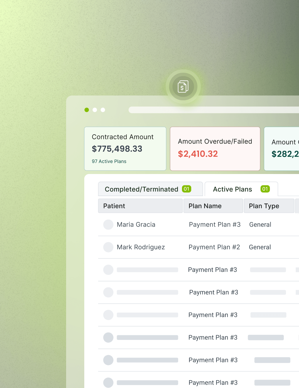 Dashboard showing financial data with contracted amounts, overdue payments, and active plans. Includes a list of patients and payment plans.