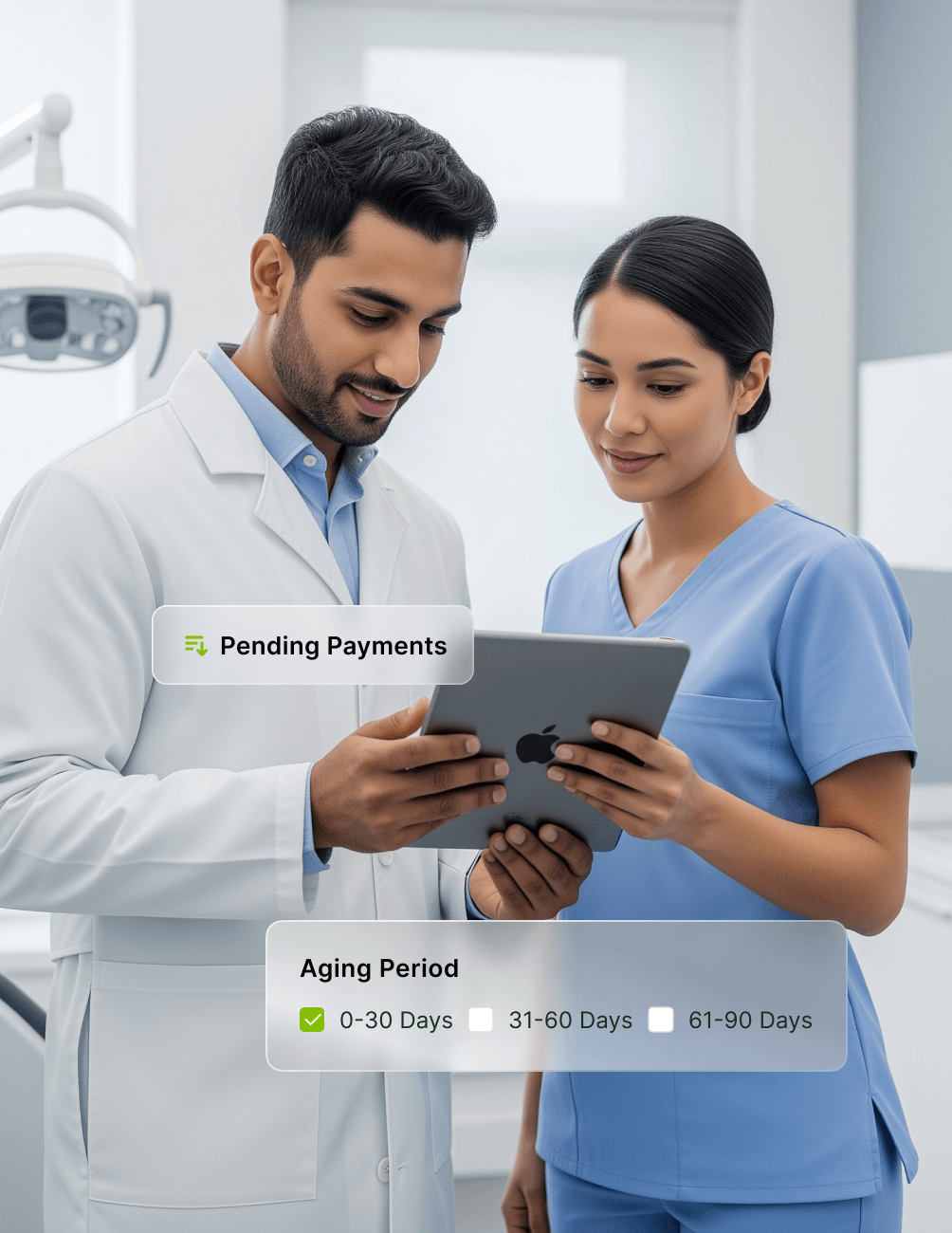 A dentist and hygienist review information on a tablet in a medical office, with icons showing "Pending Payments" and "Aging Period" options.