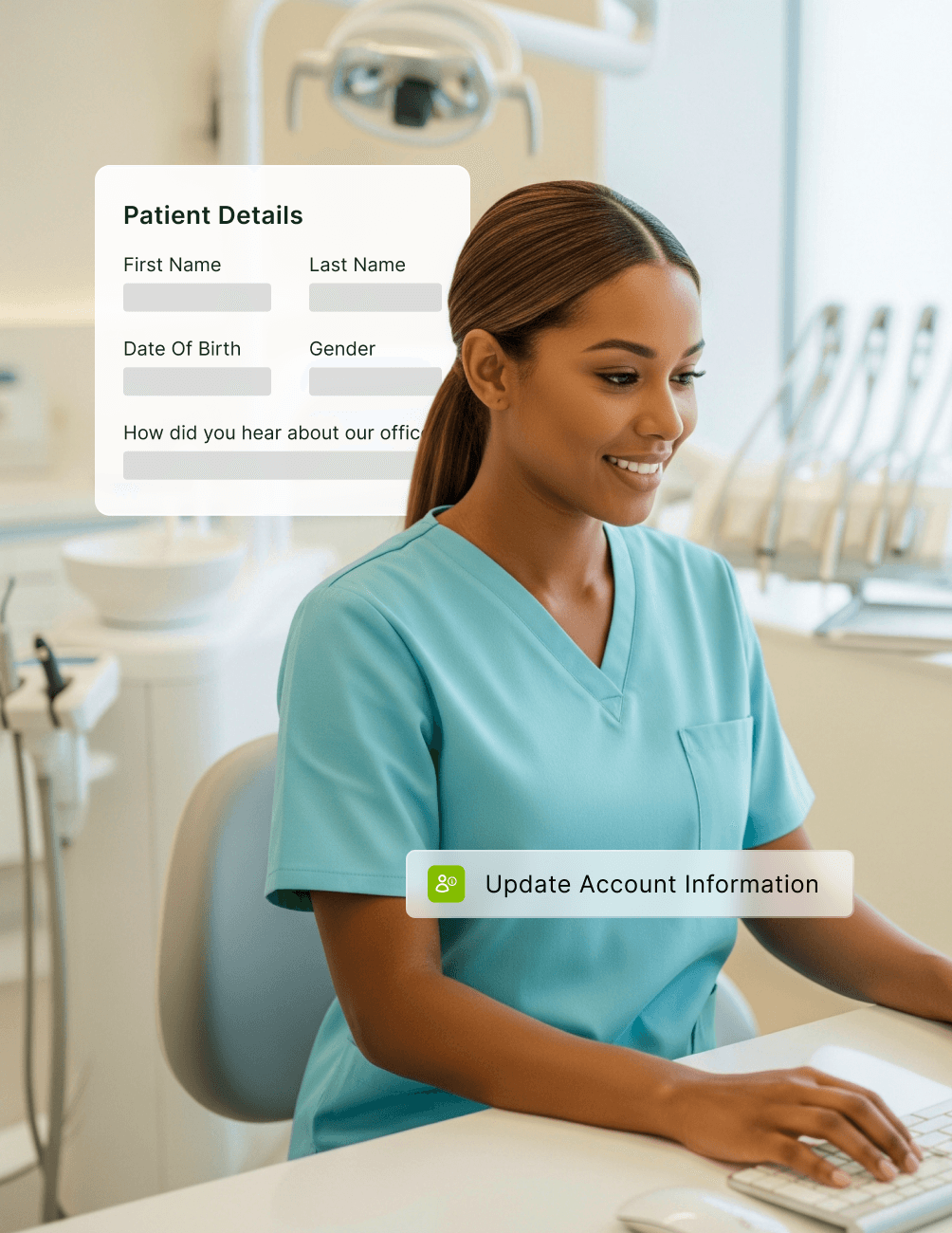 A dental professional in blue scrubs works at a computer in a dental office. A form overlay shows patient details and account update options.