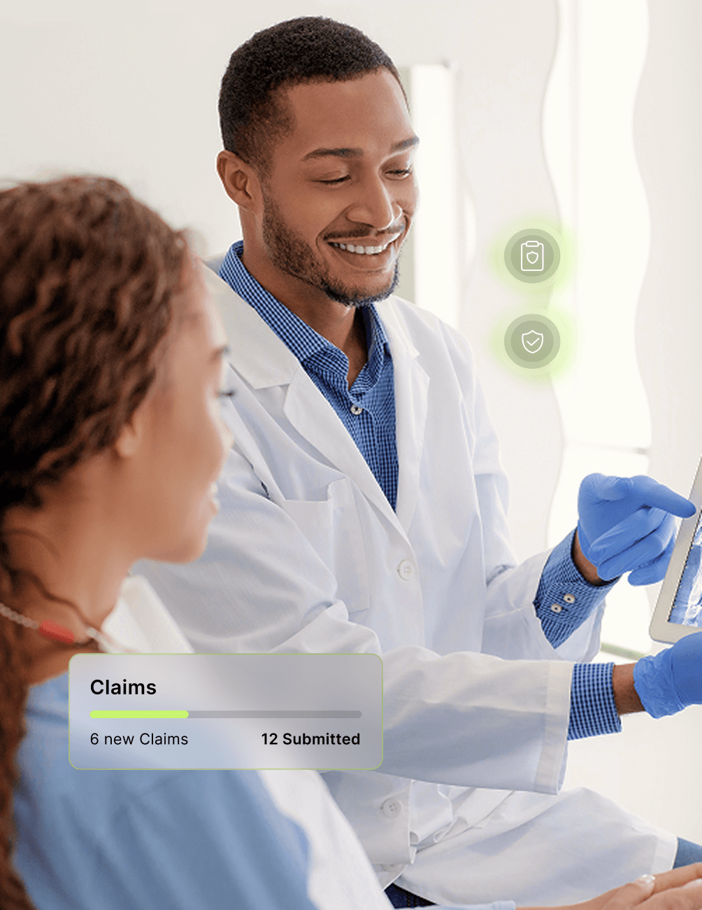 Smiling dentist in a white coat shows a tablet to a patient. Overlay displays claims status: 6 new, 12 submitted.