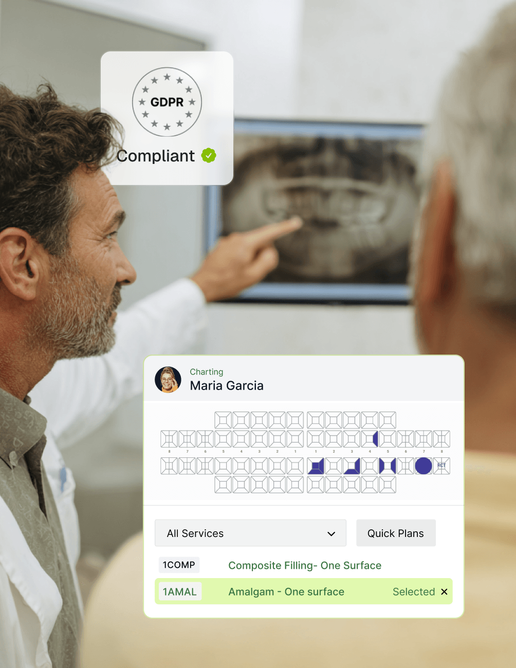 Dentist pointing at an X-ray with a carestack charting interface displayed. GDPR compliant icon is visible.