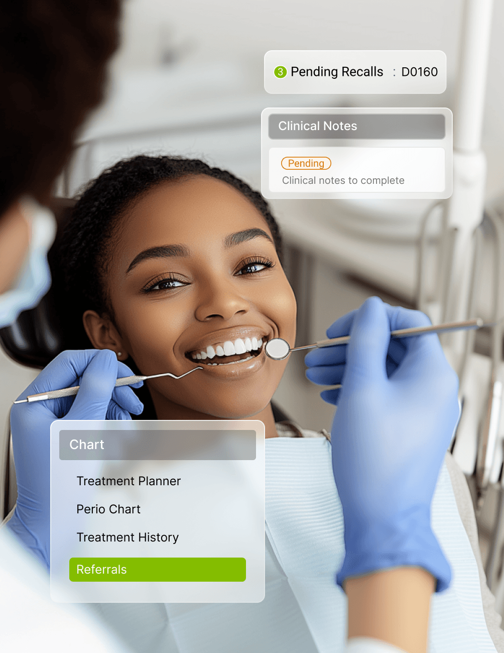 A dentist wearing gloves examines a smiling patient with dental tools. Digital overlay shows pending recalls and clinical notes.