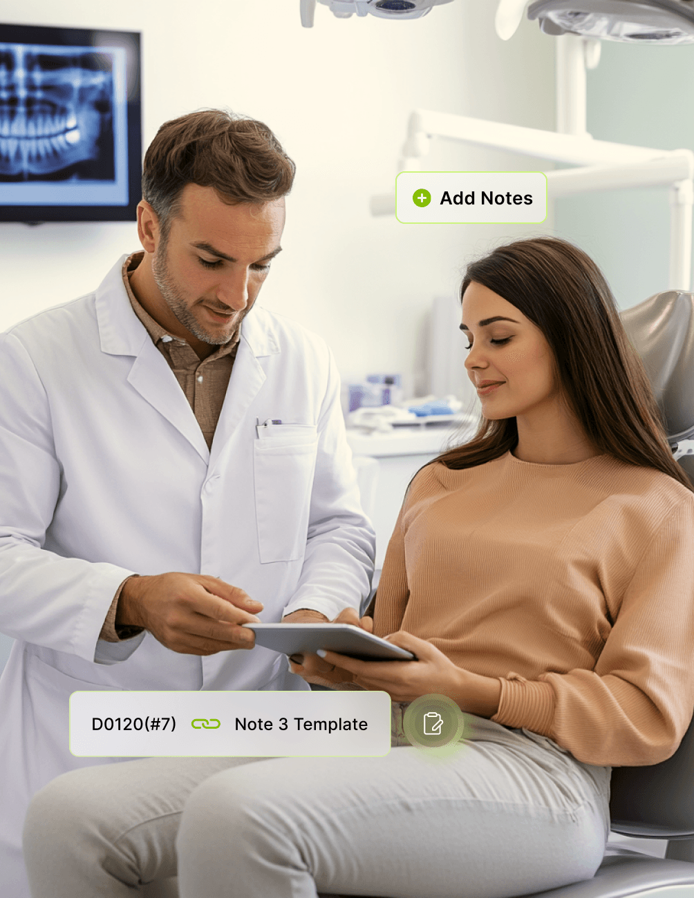 A dentist explains a treatment plan to a patient using a tablet in a dental office, with dental equipment and an X-ray in the background.