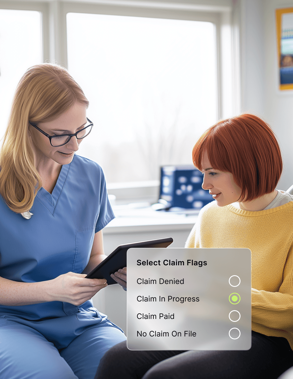 A healthcare professional discusses insurance claim status with a patient. A tablet screen shows "Claim In Progress" highlighted.