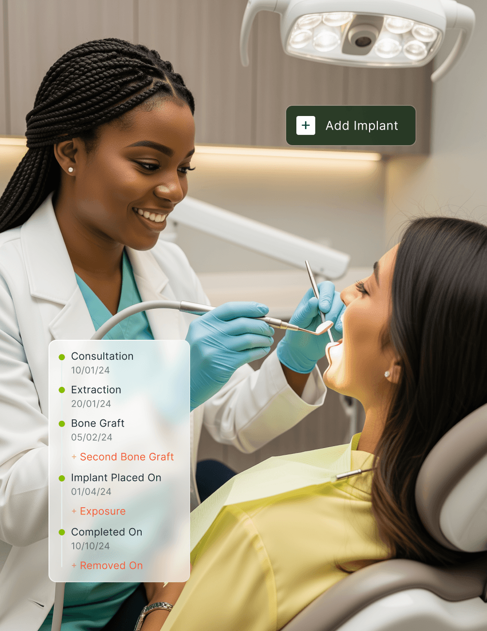 Dentist examines a patient's teeth in a dental clinic. A digital overlay shows a timeline of dental procedures and implant status.