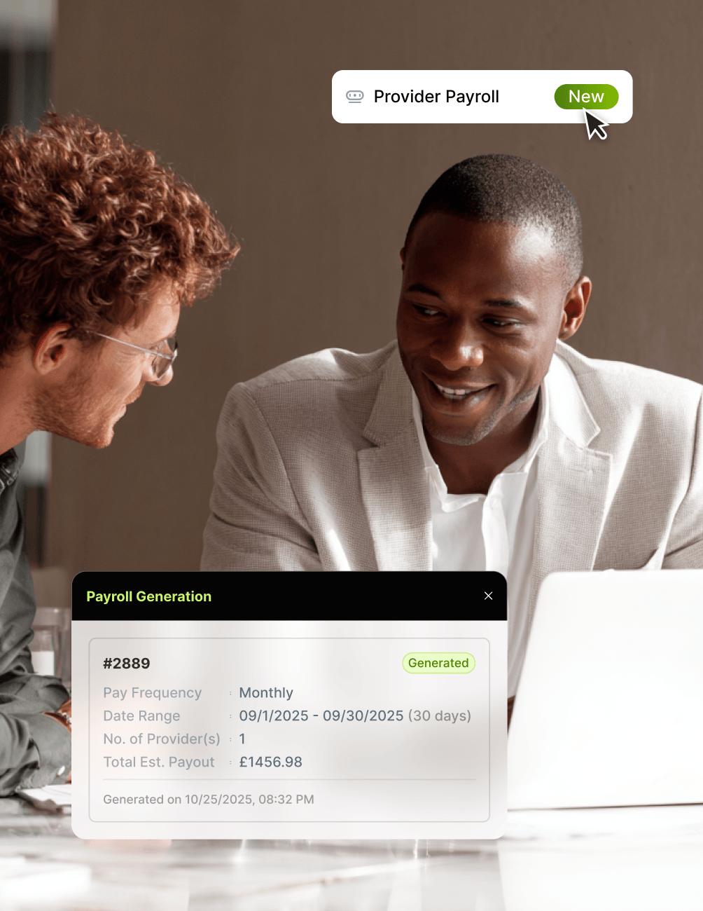 Two men smiling while discussing payroll details on a laptop. The screen shows a completed payroll generation for September 2025.