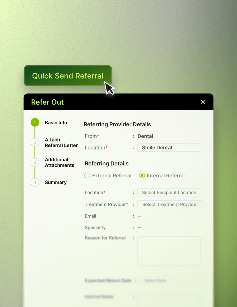 A digital form titled "Refer Out" with a cursor over a green "Quick Send Referral" button. Fields for referral details are visible.