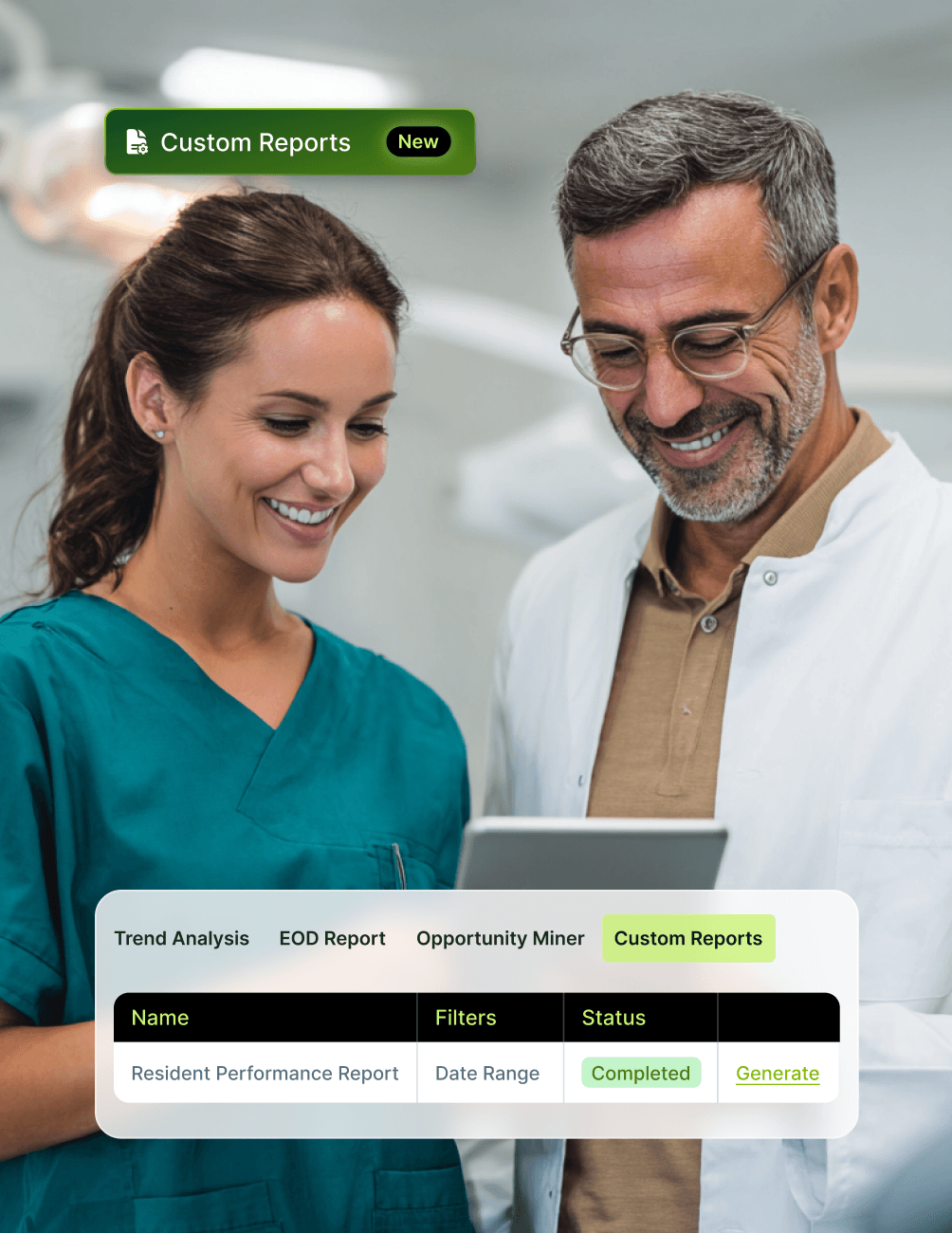 Two medical professionals smiling at a tablet, with an overlay showing a "Custom Reports" menu and report status options.