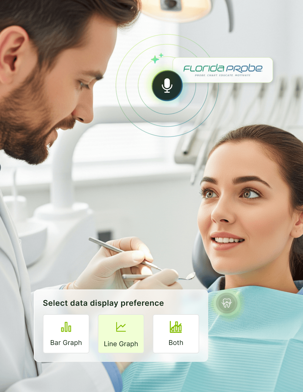 Dentist with a patient in a dental office, discussing data display preferences on a digital interface with options for bar and line graphs.