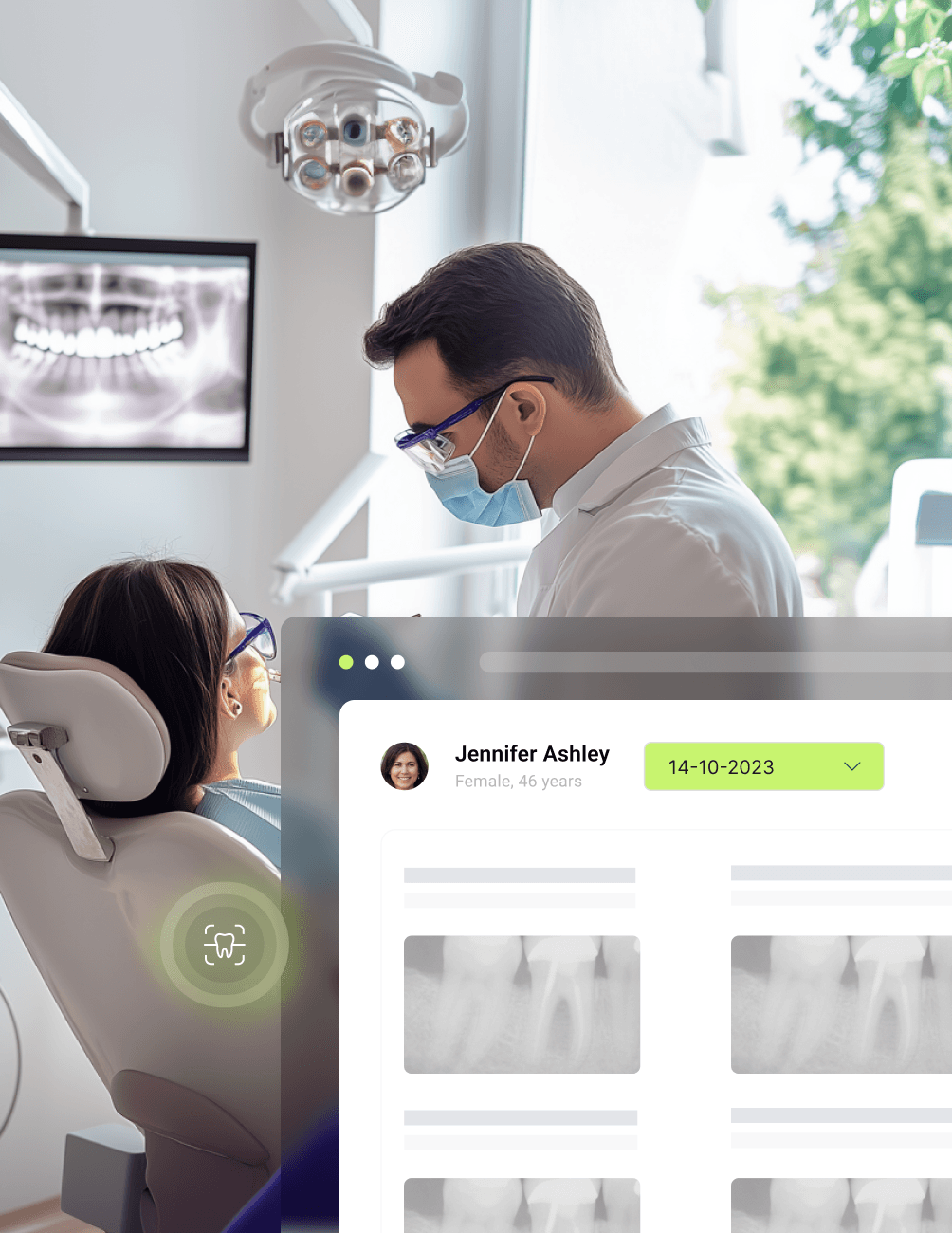 Dentist wearing a mask examines a patient in a dental chair. X-rays and patient details are displayed on a digital interface.