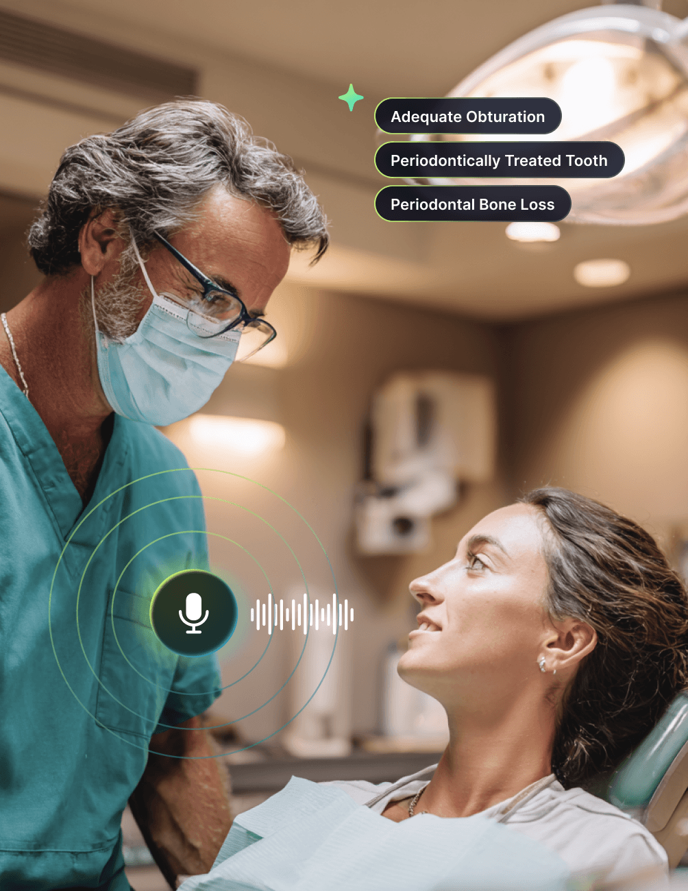 Dentist consults with a patient in a clinic; floating labels read "Adequate Obturation," "Periodontically Treated Tooth," and "Periodontal Bone Loss."