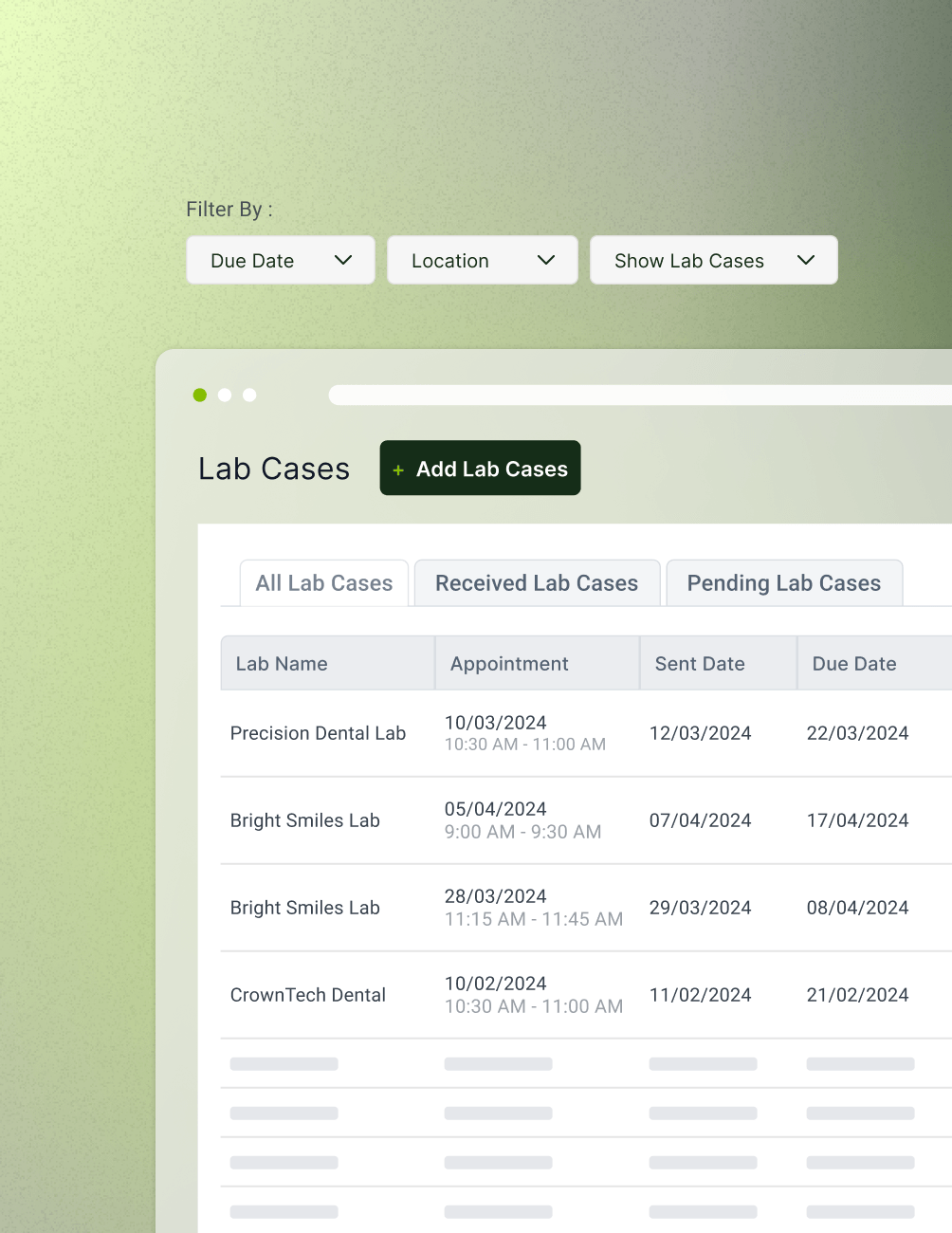A computer screen displaying a lab case management interface with filters for due date, location, and show lab cases.