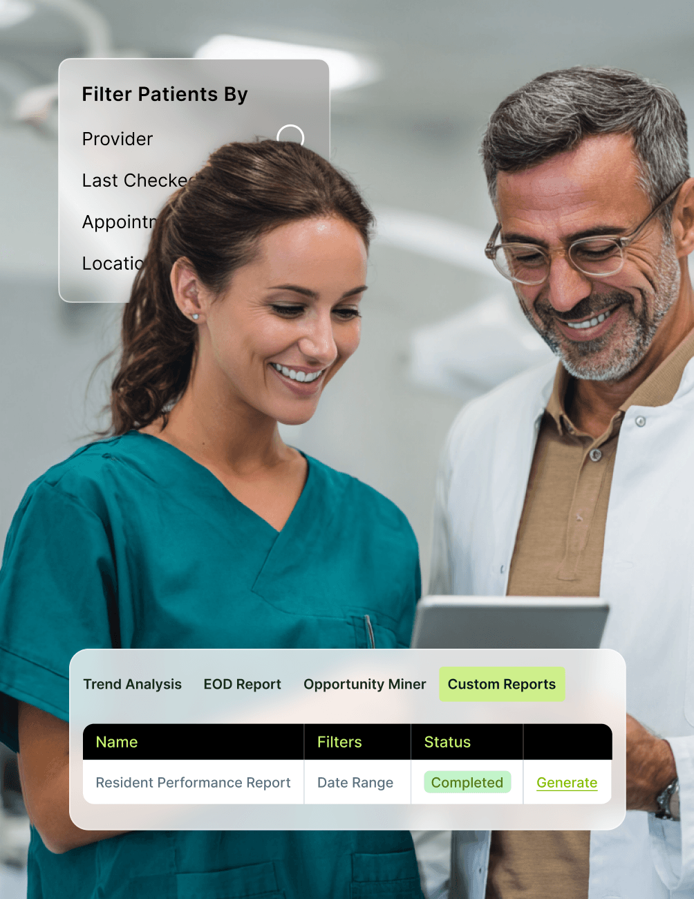 Two medical professionals smiling while looking at a tablet, with digital filter and report options overlayed.