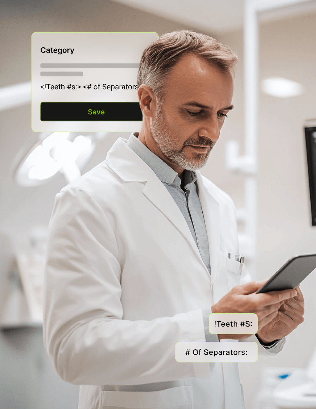 A dentist in a white coat looks at a tablet. Overlays show text input fields for "Category," "Teeth #s," and "# of Separators."