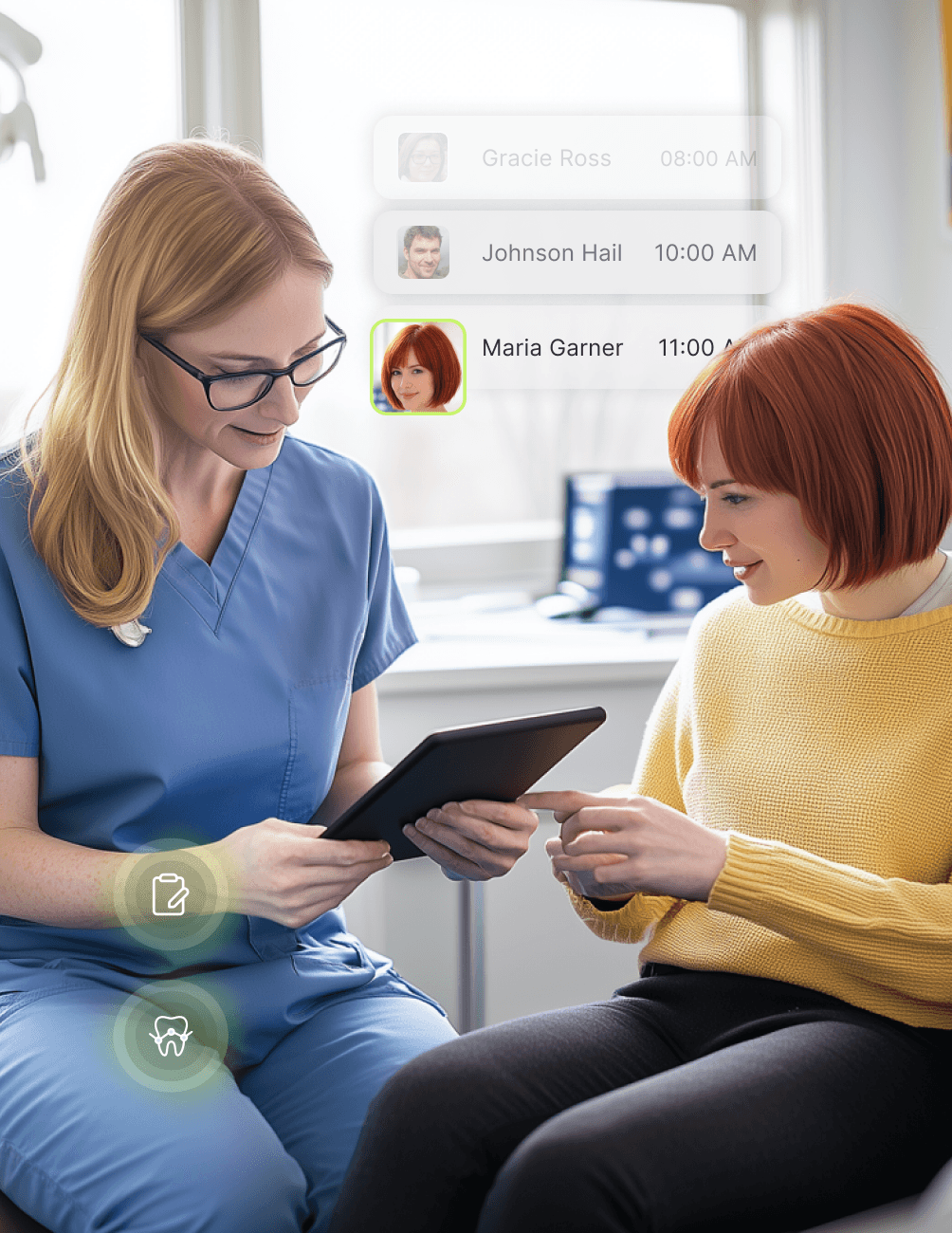 A woman in medical scrubs shows a tablet to another woman in a yellow sweater. Digital icons and appointment details are overlaid.
