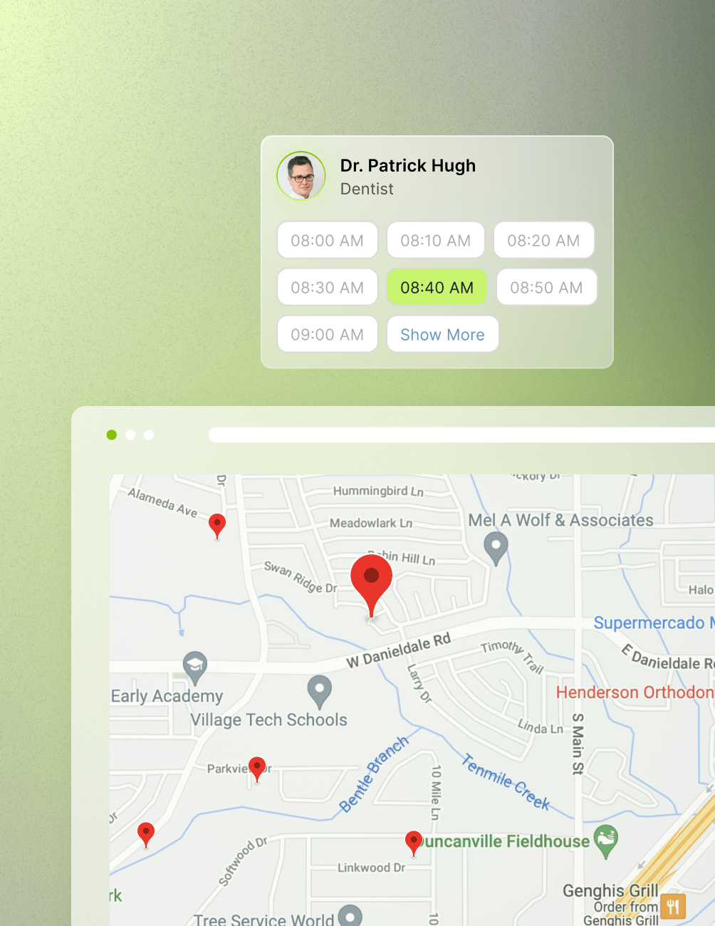 Map with red location pins and a dentist's appointment schedule for Dr. Patrick Hugh, showing times from 8:00 to 8:50 AM.