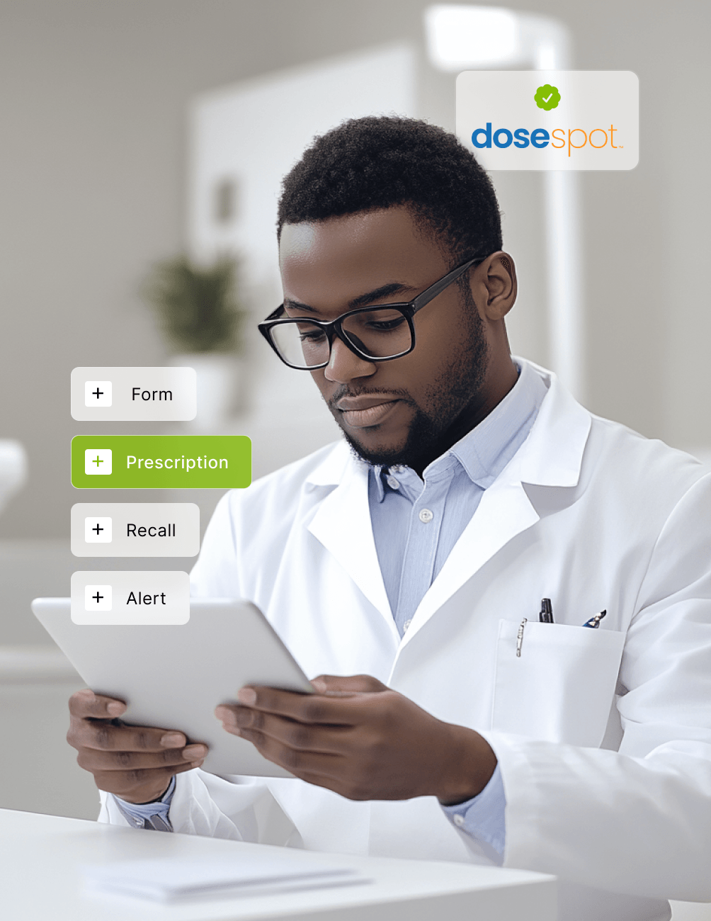 A pharmacist in a white coat uses a tablet. The screen shows options: Form, Prescription, Recall, Alert. Dosespot logo is visible.