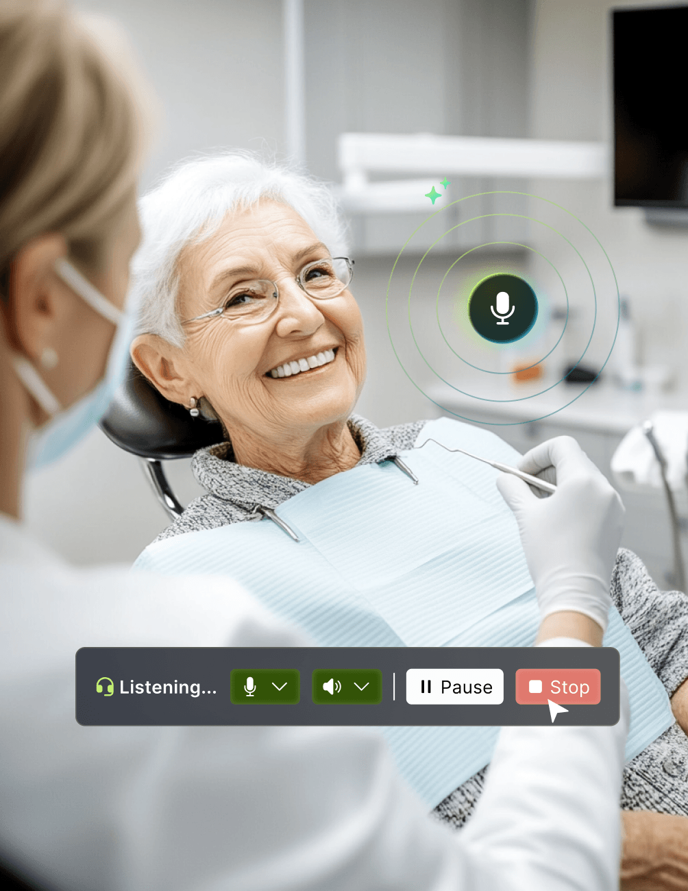 Elderly woman smiling in a dental chair, with a dentist and digital voice-assist interface overlay featuring a microphone icon and control buttons.