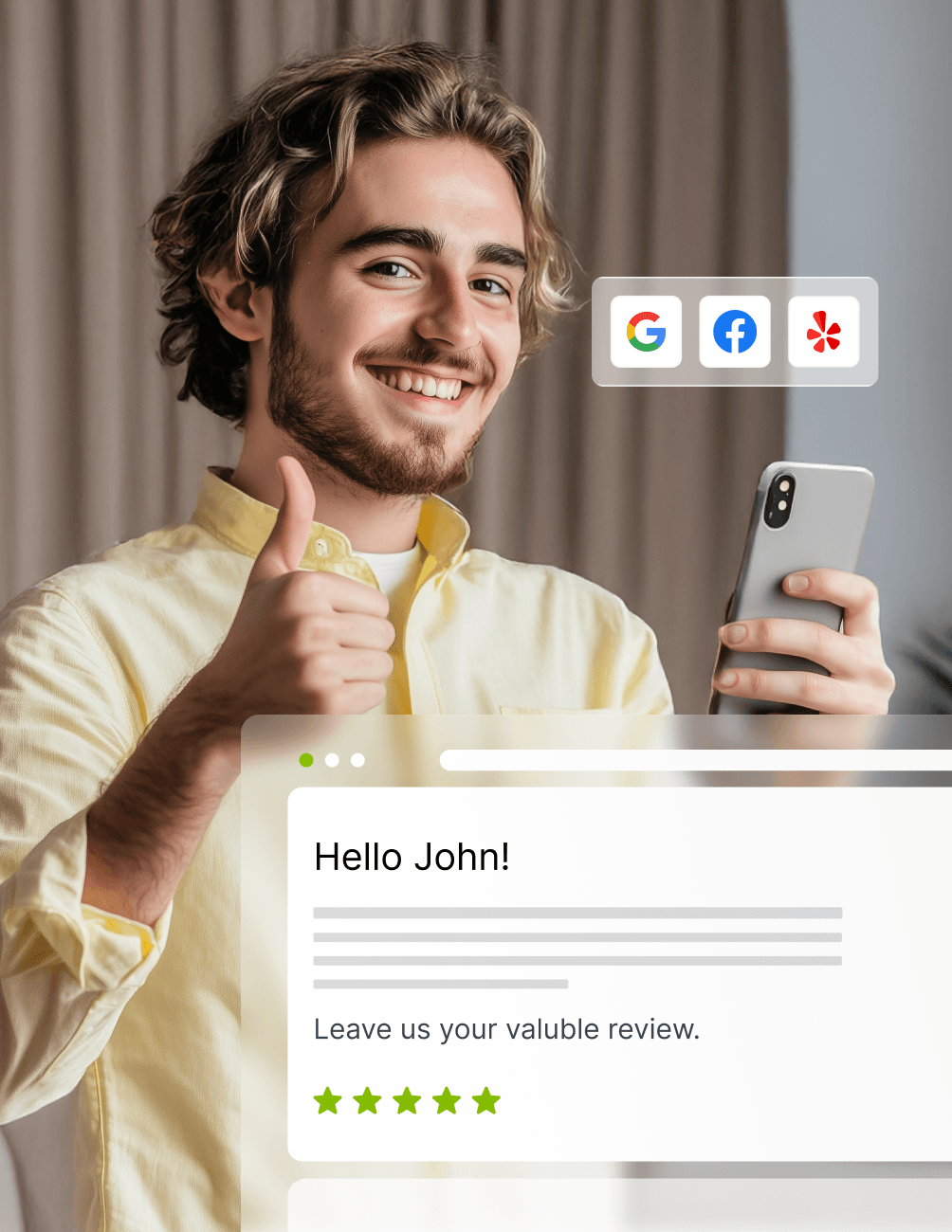 Smiling man in a yellow shirt gives a thumbs-up while holding a phone. Icons for Google, Facebook, and Yelp are visible. Text prompts for a review.