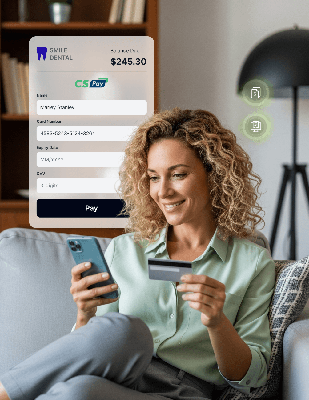 Woman with curly hair holding a phone and credit card, smiling, with a digital dental payment interface displayed beside her.