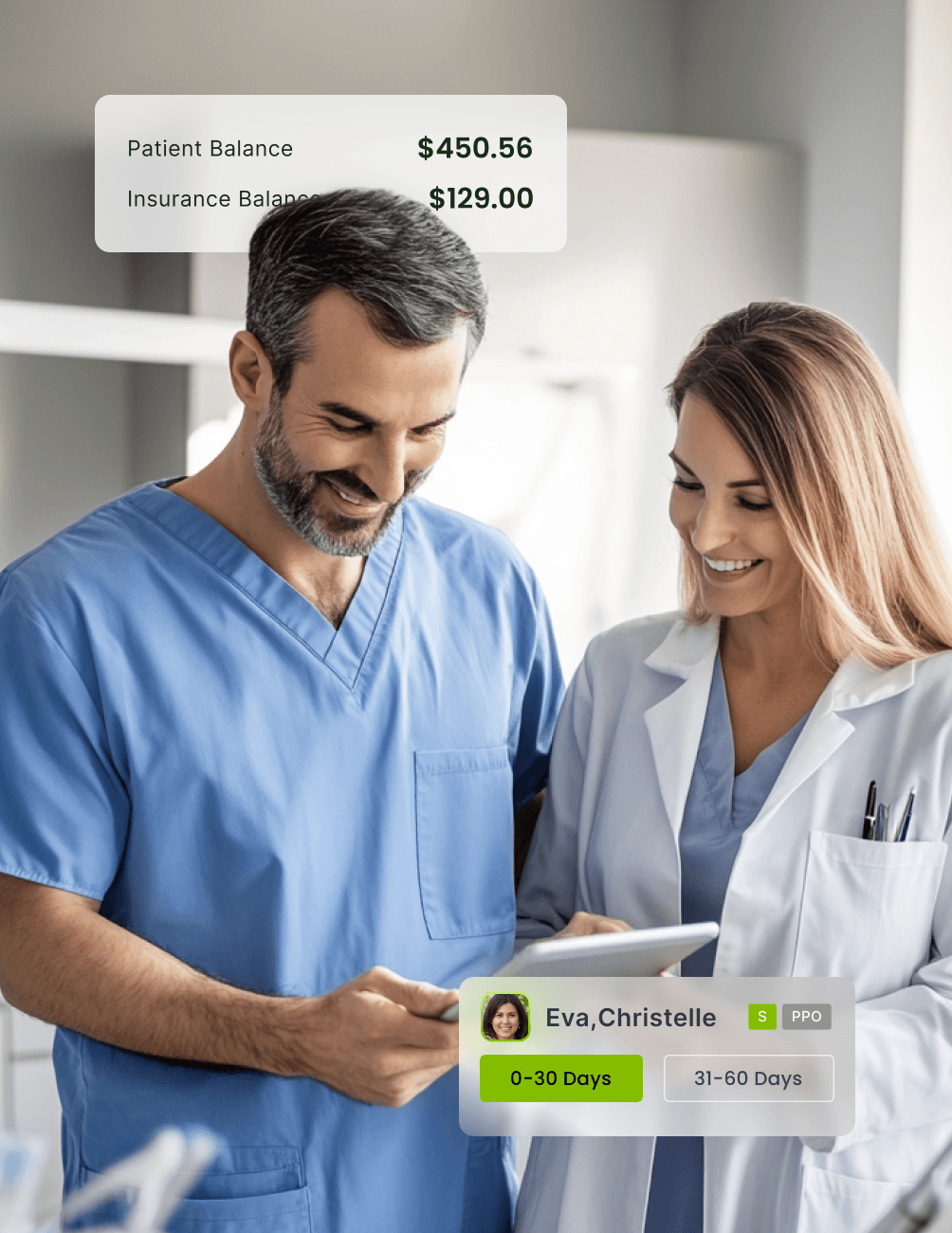 Two dental professionals in scrubs review a tablet. Overlaid text shows patient and insurance balances, and a profile with billing details.