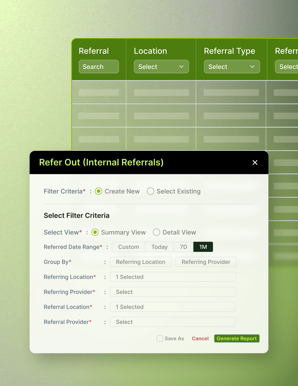 User interface for internal referrals with filter criteria options, including date range, location, and provider, and buttons to generate a report.