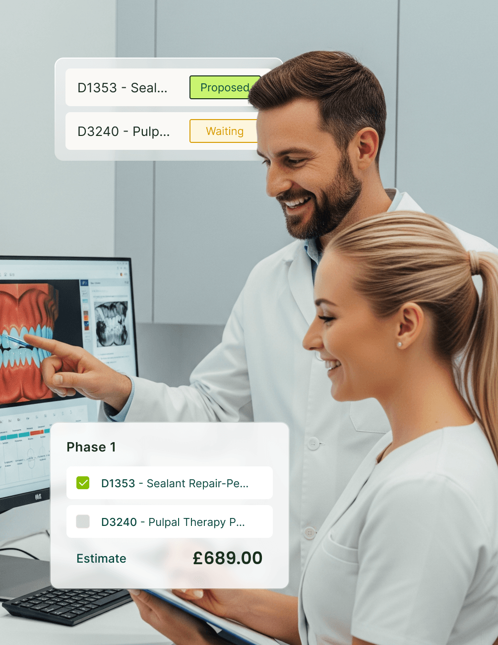 Dentists reviewing dental treatment details on a computer; proposed and waiting status with an estimated cost of £689.