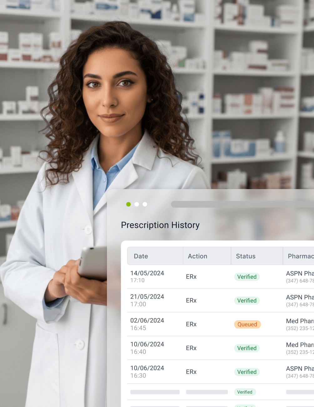 A pharmacist in a white coat holds a tablet, standing in a pharmacy. Inset shows a prescription history with dates and verification status.