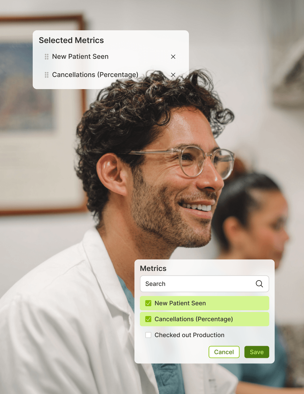A smiling doctor with selected metrics overlay: "New Patient Seen" and "Cancellations (Percentage)" checked in a metrics menu.