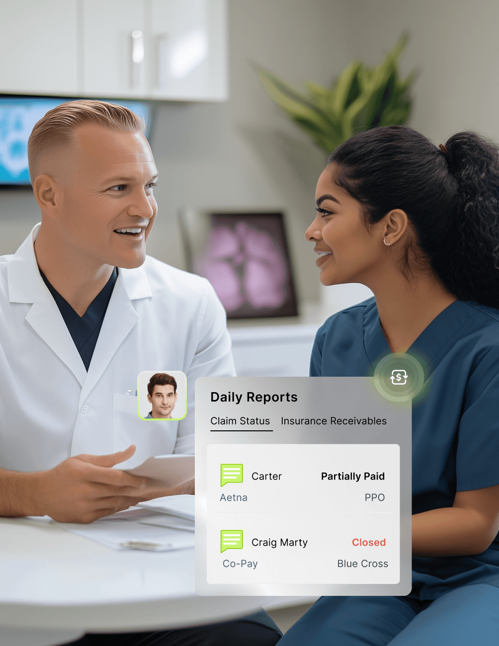 Two dental professionals discussing reports in an office, with a digital overlay showing insurance claim statuses.