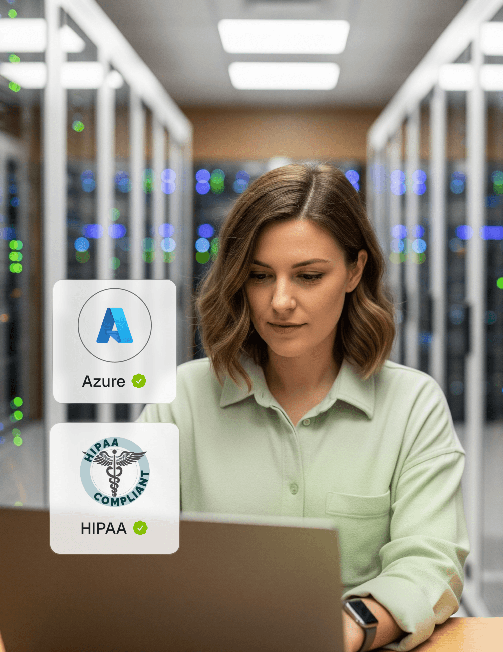 Woman working on a laptop in a server room, with Azure and HIPAA compliance icons displayed.