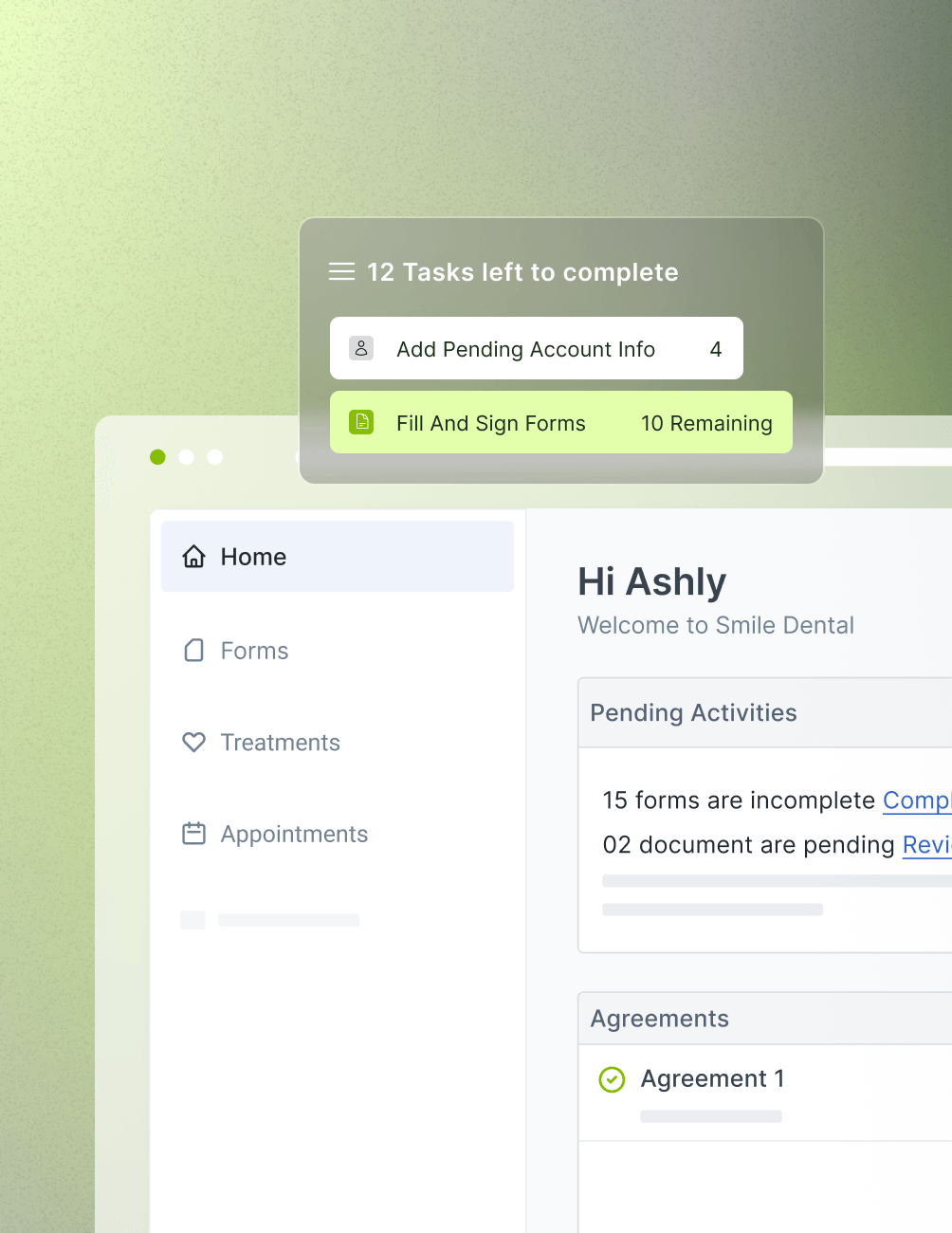 Dental management dashboard showing pending tasks, including account info and form completion, with a sidebar menu for navigation.