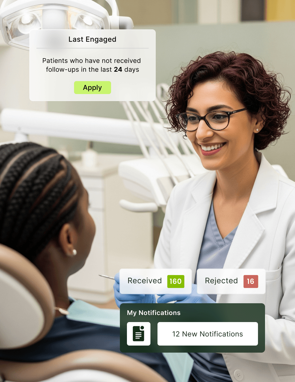 Dentist smiling at a patient in a dental chair. Overlays show notifications and patient engagement stats.