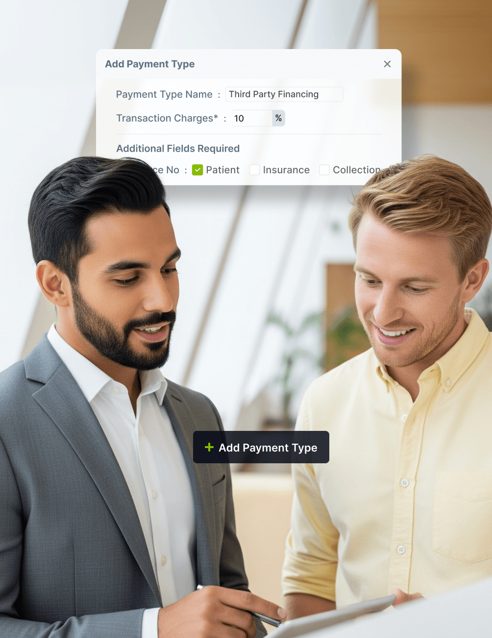 Two men in an office discuss an online payment form with details like "Third Party Financing" and a 10% transaction charge.
