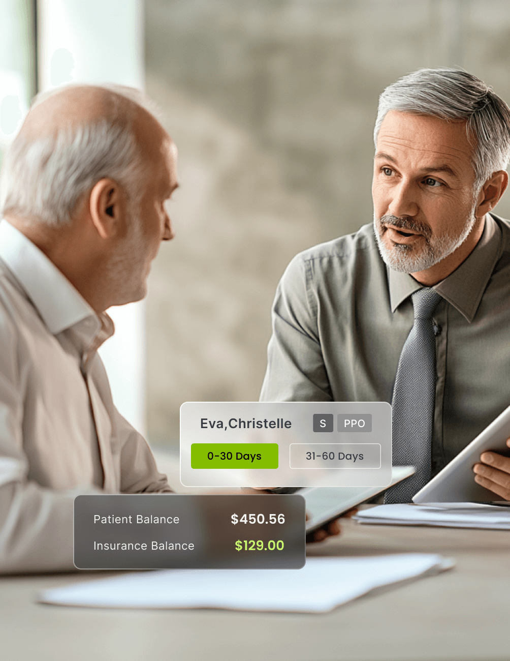 Two men discussing finances with a tablet. Overlay shows balances: Patient $450.56, Insurance $129.00, and a highlighted 0-30 Days tab.