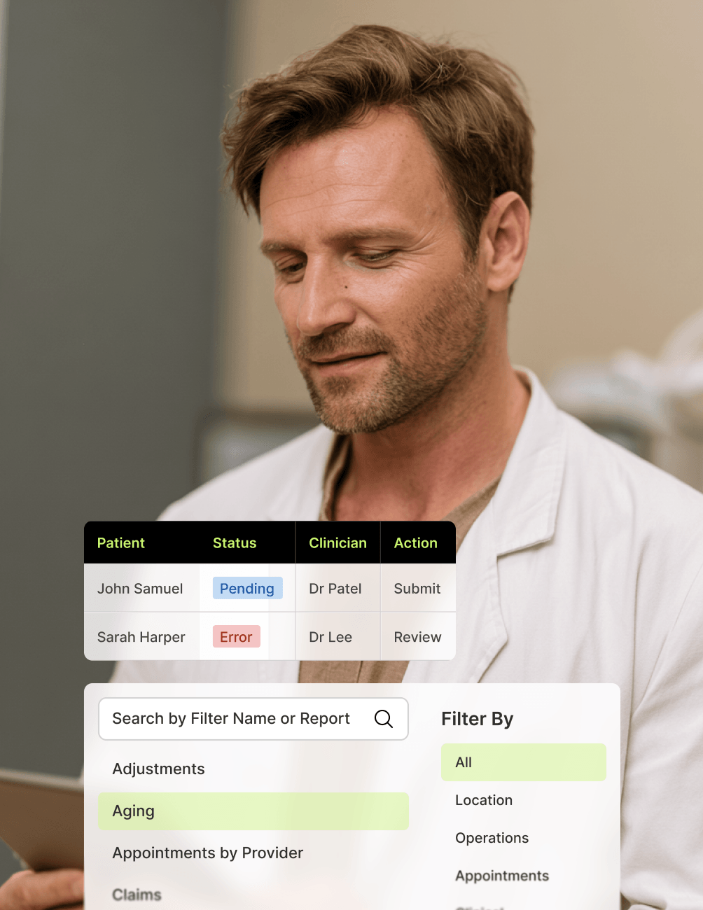 Man reviewing a tablet, with patient data overlay displaying statuses: pending and error. Filter options are visible beneath.