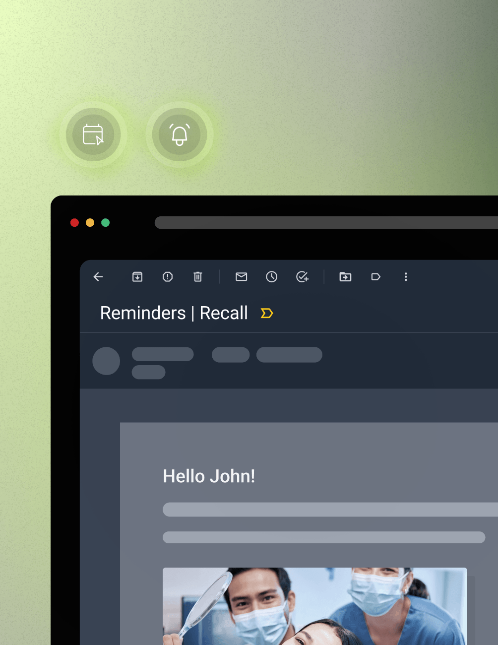 Partial screenshot of a computer screen showing an email interface with the subject "Reminders | Recall" and a greeting "Hello John!" in a message.