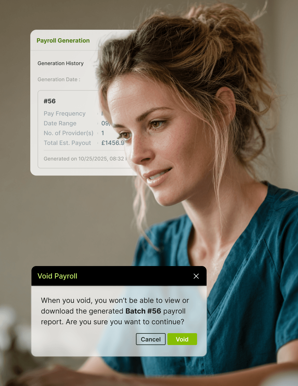 Woman reviewing payroll details on a screen, showing batch #56 with an option to void the report displayed.