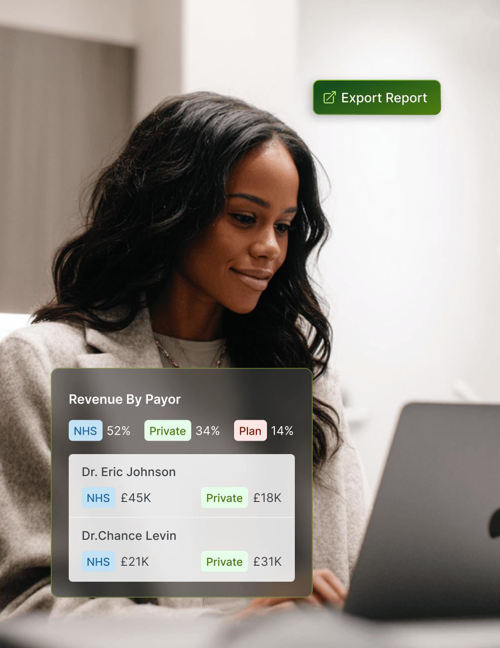 A woman using a laptop with a "Revenue By Payor" chart overlay and an "Export Report" button visible.