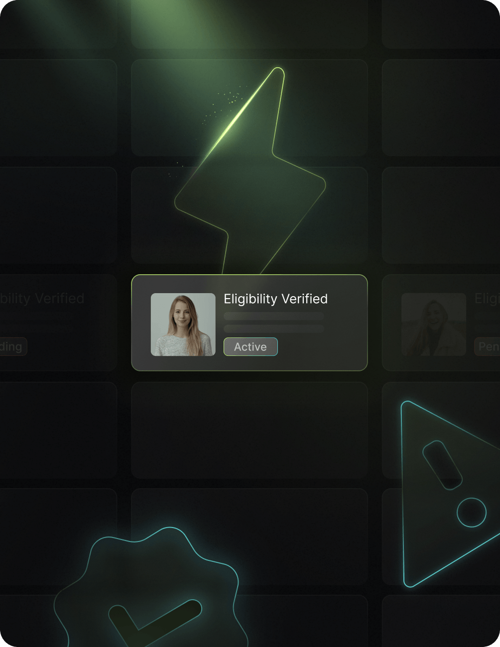 Glowing interface with a profile photo labeled "Eligibility Verified" and "Active," surrounded by neon symbols on a dark grid background.