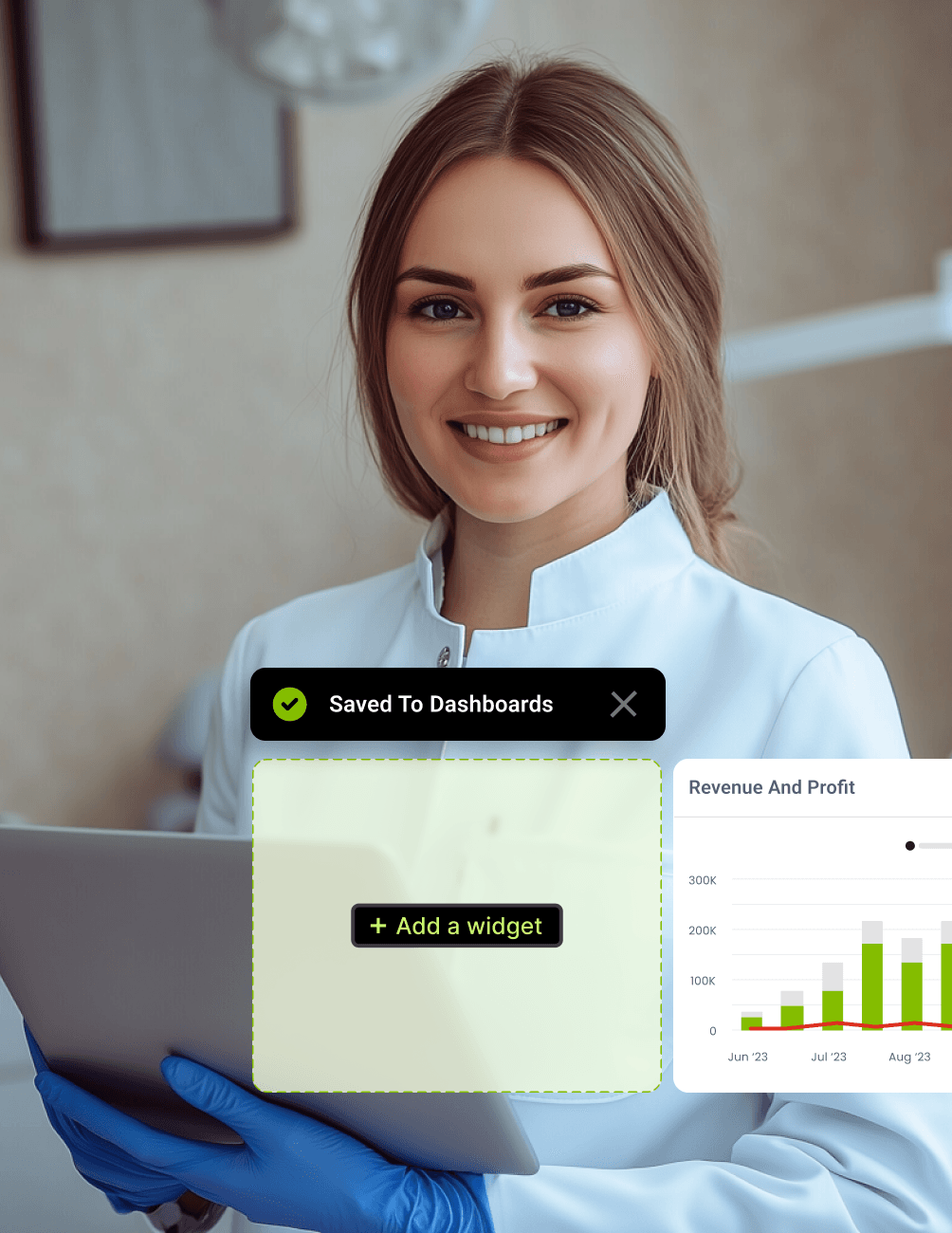 Smiling person in a white coat holding a tablet, with digital dashboard elements and a revenue chart overlay.