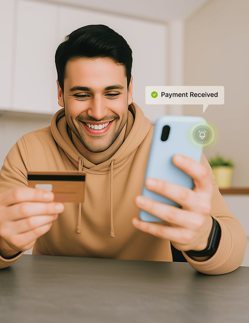 Smiling man in a hoodie holds a credit card and smartphone displaying "Payment Received" notification at a table.