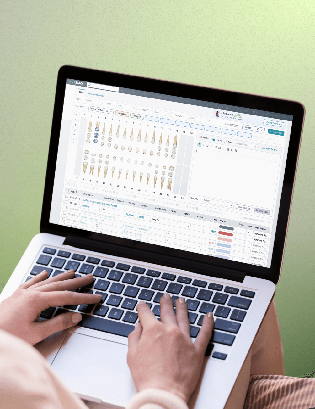 Person using a laptop displaying a dental charting software interface, showing tooth diagrams and data tables, against a green background.