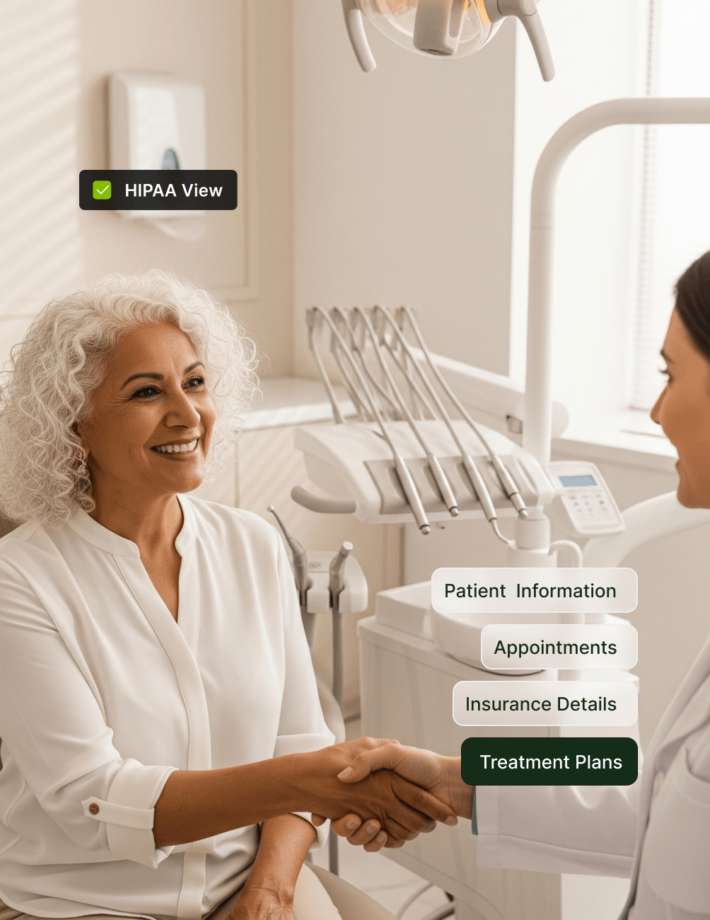 A woman shakes hands with a dental professional in an office. Overlay text displays options: Patient Information, Appointments, Insurance Details, Treatment Plans.