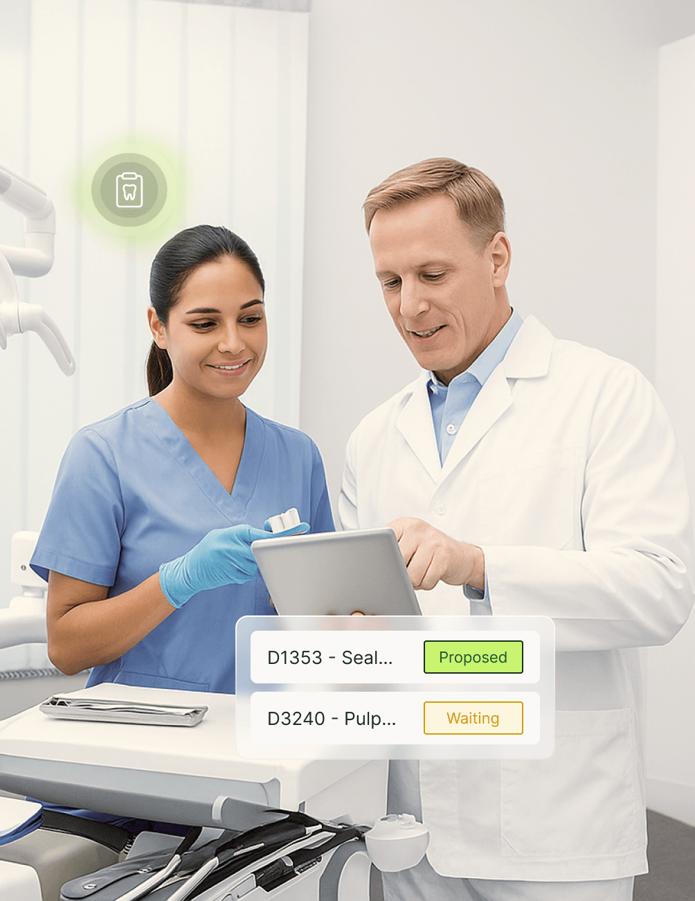A dentist and dental assistant review patient information on a tablet in a clinic. Icons indicate procedure statuses: "Proposed" and "Waiting."