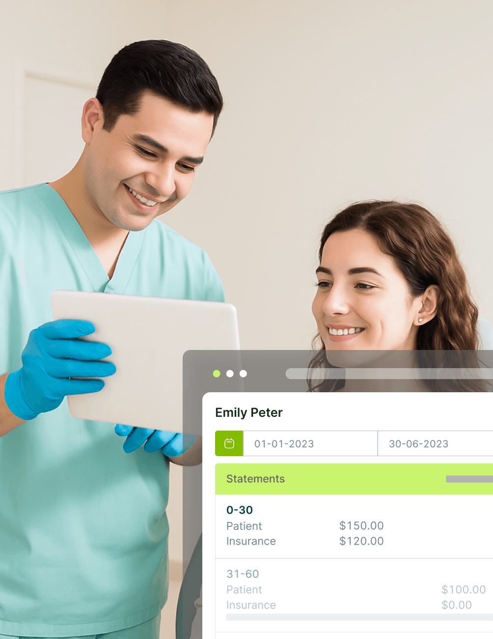 A dental professional shows a smiling woman a tablet. An overlay displays billing information for Emily Peter.