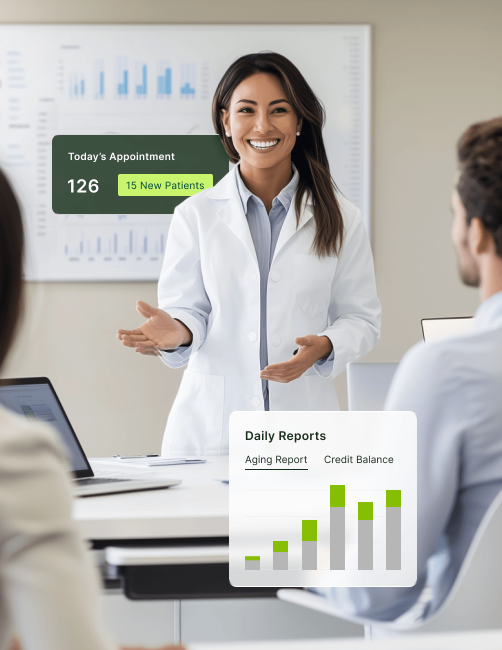 Doctor presenting to colleagues with appointment stats and daily report graphs on screen.