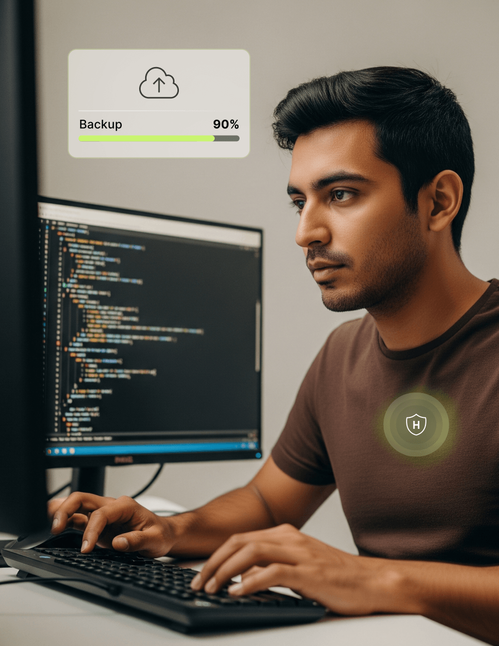A person working on a computer with code on the screen. A backup progress bar shows 90% completion.