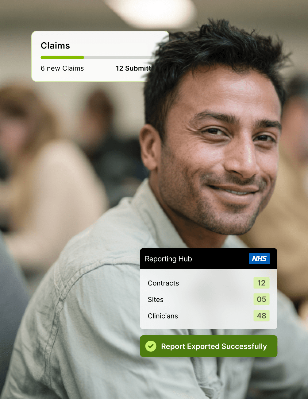 Smiling person with overlay showing claims and NHS reporting hub data: 12 contracts, 5 sites, 48 clinicians. Report exported successfully.